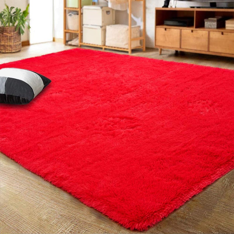 LOCHAS Ultra Soft Indoor Modern Area Rugs Fluffy Living Room Carpets for Children Bedroom Home Decor Nursery Rug 4x5.3 Feet,Red - Image 1